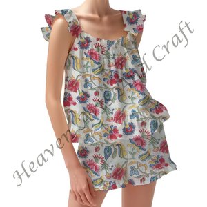 Conjunto de pijama de algodón con estampado de bloques a mano, pantalones cortos florales, manga con volantes, Primavera/Verano, conjunto de pijama con tiras y volantes - Product Image 4