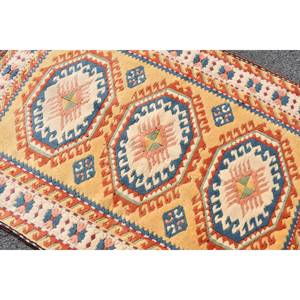 Alfombra Kilim turca Vintage de 4,3x6,4 pies, diseño de retazos amarillo y azul, tejido plano, lana trenzada, yute, látex, pasillo, rectángulo - Product Image 5