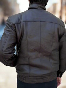 Blouson d'hiver décontracté pour homme en cuir véritable de peau de mouton noir, col montant, taille élastique, style vintage, veste bomber - Product Image 2