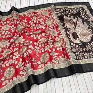 Sari en soie pure de designer haut de gamme avec imprimé numérique Kalamkari paon, tissage jacquard Zari, magnifique sari rouge - Product Image 3