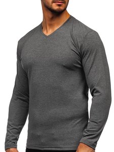 Camisetas informales con cuello en V de alta calidad para hombre, camisetas negras de manga larga con patrón sólido teñido liso, paquete múltiple a granel, venta al por mayor disponible - Product Image 3