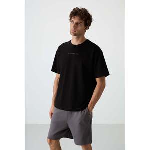 T-shirt pour homme en coton noir, épais, texturé, coupe ample, imprimé - 88364 - Noir - Product Image 4
