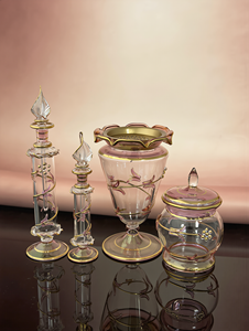 Pink Glass Bakhoor Gift Set 4 Pieces Hand Blown Mabkhara Lidded Jar 2 Perfume Bottles Gold Decorated Egyptian Gift - Product Image 2