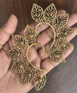 Women's Gold Brass <b>Leaf</b> design Tiger Eye Ear Cuff Light Weight Round Chunky Ear Wires for Weddings and Anniversaries - Product Image 1