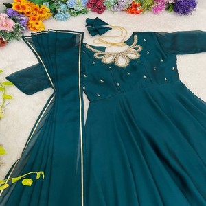 Elegant Party Wear Gown Set Black Rangoli Georgette <b>Fabric</b> with 2-Tone Maroon <b>Red</b> Blooming Color and Golden Lace Dupatta - Product Image 2