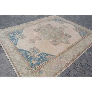 Alfombra Turca Vintage Ecológica de 7.7x9.7 pies, Alfombra de Lana Azul con Diseño de Patchwork y Base de Látex - Product Image 3