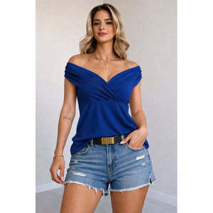 Blusa Sandy con Cuello Madonna y Detalle Fruncido para Mujer, 37958 - Azul - Product Image 3
