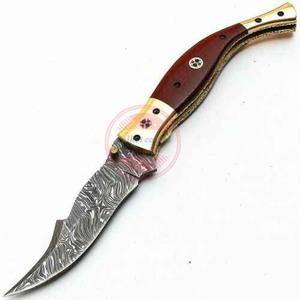 Couteau de poche à lame damas manche en bois de haute qualité couteau pliant de chasse en acier damas - Product Image 2