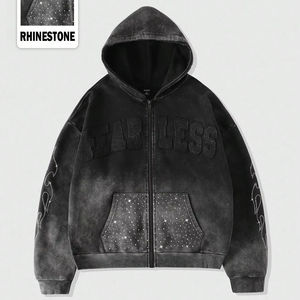 Sudadera con capucha de lana para mujer con diamantes de imitación y lavado ácido para correr cómodo informal o ropa de calle informal para uso diario - Product Image 1