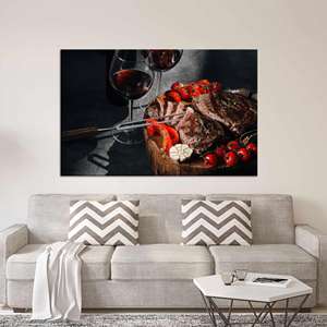 Art mural moderne pour cuisine : Impression sur toile sur le thème du vin et de la viande, TOILE ENVELOPPEE - Product Image 1