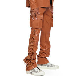 Pantalones apilados de cuero para hombre de primera calidad con ajuste de cinturón Color sólido Estilo recto Traje de moda - Product Image 6