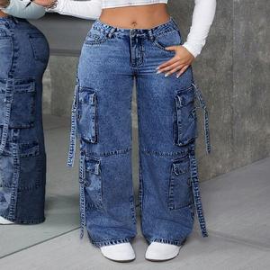 Nuevos Jeans de Mezclilla Azules de Moda Urbana para Dama en Exceso de Inventario, Pantalones Cargo Holgados de Corte Recto con Bolsillos, Estilo Casual Único Lavado - Product Image 3