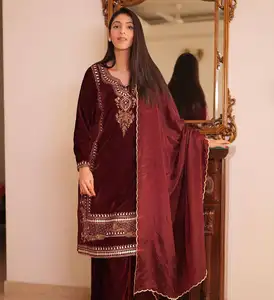 独家标准质量系列棕色花式天鹅绒萨尔瓦女式套装印度女式婚礼派对服装