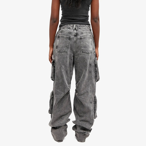 Pantalones vaqueros cargo holgados con logotipo personalizado para mujer, pantalones vaqueros lavados transpirables de algodón 100% con múltiples bolsillos, pantalones de talla grande - Product Image 5