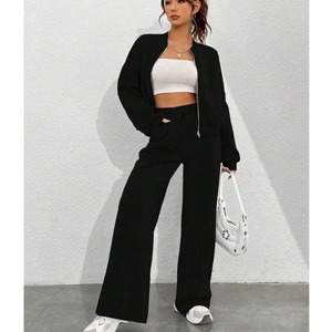 Gris Bomber Veste Pantalon Femmes 2 Pièces Ensemble Casual À Manches Longues Fermeture Éclair Manteau Casual Solide Sweat Pantalon Costume - Product Image 6