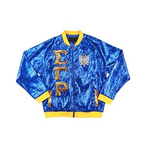 Sigma Gamma Rho SGRho Chaqueta de lentejuelas Azul real Oro Letras griegas Bordado Crest Sorority Bomber Greek Life Apparel - Product Image 1