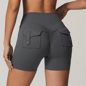 Pantalones cortos de gimnasio de cintura alta para mujer, pantalones cortos de yoga transpirables con bolsillos, logotipo personalizado - Product Image 3