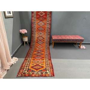 Vintage Turkish <b>Runner</b> Rug 2.9x11.5 ft, <b>Red</b> Orange Ikat Wool Rug - Product Image 1
