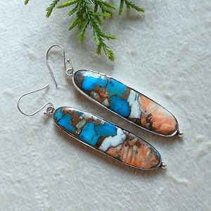 Kingman Oyster Copper Turquoise Gemstone <b>Earrings</b> in 925 Sterling <b>Silver</b> <b>Long</b> Oval Design Gift for Her Handmade Jewelry - Product Image 5