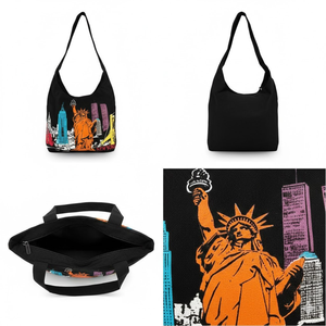 Sac fourre-tout en toile noire imprimé New York City, élégant |   Sac à main réutilisable pour le shopping et les voyages, fermeture éclair, longues bretelles, pour femmes - Product Image 2