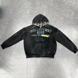 Ropa de calle, sudaderas con capucha de algodón de peso pesado, Sudadera con capucha de dos caras a cuadros de franela personalizada, cremallera inversa de gran tamaño para hombres - Product Image 4