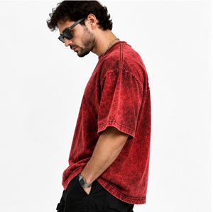 INDEX Men's <b>Red</b> Patterned Cotton T-<b>Shirt</b> O-Neck Short Sleeve Casual Regular Fit Front Logo Printed Jersey Sport Wear - Product Image 3