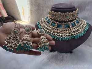 Mehndi Polish Bridal <b>Necklace</b> <b>Set</b> With Maang Tikka & Earrings Premium Quality Ideal For <b>Weddings</b> Colour Customization Available - Product Image 2