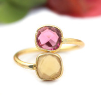 Vente en gros de pierres précieuses en forme de coussin en forme de citrine et de tourmaline rose Quartz hydraulique Double pierre plaqué or 24 carats bijoux de bague de réglage de lunette