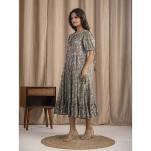 ชุดเดรสผ้าฝ้ายมัลมัลสีเทาพิมพ์ลายบล็อกด้วยมือ สไตล์โบโฮ ออกแบบตามสั่งสำหรับสาวออฟฟิศ คลับโกธิค ไซส์ XS ระบายอากาศได้ดี เอวทรงธรรมชาติ - Product Image 5