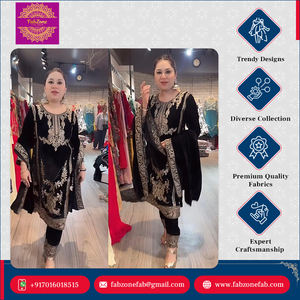 Ensemble moderne indien pakistanais en velours pur épais et visqueux, brodé, avec haut à manches longues, pantalon et dupatta, pour occasions spéciales, longueur genou - Product Image 4