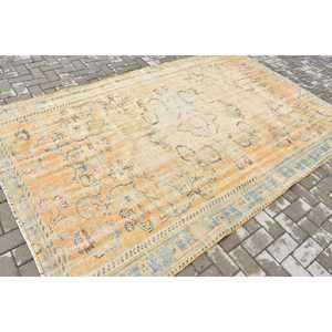 Vintage Large Rug 5.8x9.4 ft, <b>Yellow</b> Blue Floral Rug <b>Wool</b> - Product Image 2