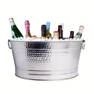 Seau à glace à champagne en acier inoxydable martelé argenté brillant pour bar et hôtel Seau à glace de forme ovale avec poignée - Product Image 3