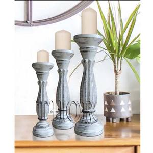 Lot de 3 bougeoirs en bois sculpté à la main, pilier décoratif pour salon, centre de Table, finitions à la chaux - Product Image 6