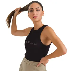 Kadın Racer Tank Top kadınlar nervürlü bluz 90s giyim siyah pamuk T Shirt günlük giyim Halter askı Tee