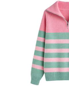 Manufacturer Customized Men Quarter Zip Knit Sweater Pink And Mint Green Striped Soft Knit Warm Winter Casual Pullover Custom - Product Image 2