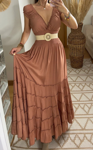 Vestido Maxi Bohemio de Varias Capas para Mujer, Manga Acampanada, Cuello en V, Cintura Natural Elástica, Tejido Ecológico, con Cinturón, para Playa o Resort - Product Image 3