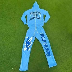 Haute qualité hommes 100% coton 300gsm fuit 2 pièces survêtement sérigraphie sweat à capuche zippé et pantalon de survêtement produit le plus vendu - Product Image 3