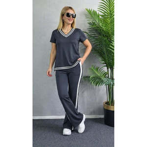 Conjunto de Dos Piezas para Mujer, Blusa de Manga Corta con Cuello en V de Viscosa de Dos Hilos y Pantalones, 35482 - Gris - Product Image 3