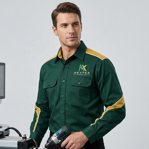 Camisa de Trabajo de Manga Larga para Hombre, de Algodón Transpirable, con Botones, Diseño de Parches Verde y Amarillo, Uniforme, Artículos en Stock - Product Image 1