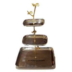 ขาตั้งเค้กโลหะแบบ3ช่องชุบทองเกรดสูงออกแบบลายใบไม้ใหม่ล่าสุด - Product Image 6
