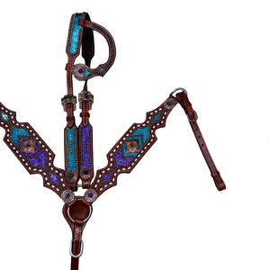 Ensemble de bride et de collier de poitrail en cuir western avec franges turquoise, design arctique personnalisé, bride de cheval, taille complète/coibon, sur mesure - Product Image 1