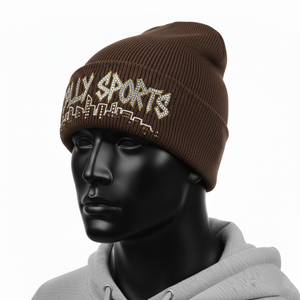 Bonnet en tricot jacquard de style urbain avec logo en strass personnalisé en transfert thermique, en acrylique extensible de qualité supérieure 250 GSM, ton brun - Product Image 5