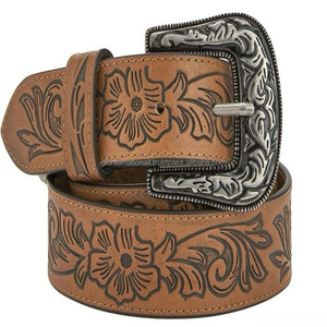 Ceinture d'outillage en cuir occidental gravé à motif de feuille personnalisé entièrement cousu et solide pour cowboy boucle à ardillon unique florale antique - Product Image 2