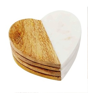 Hexa Brass Inlay White & <b>Gold</b> Marble Set of 4 Table Coaster Natural Wood and Marble Mango coaster Made in India - Product Image 6