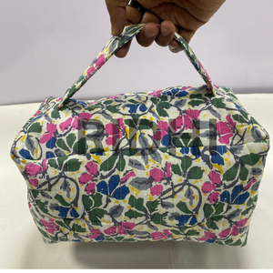 Customizable Eco-Friendly Large Cotton <b>Quilted</b> Wild Flower Travel for <b>Bag</b> Handle Zipper Floral Print Cosmetic Organizer - Product Image 5