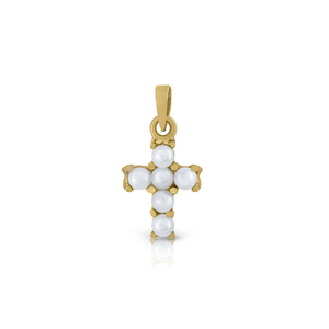 Ciondolo a croce in oro con perle naturali e ciondoli pregiati 18K/9K oro giallo 8.5x10mm - Product Image 1