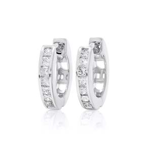 Channel Set Princess Diamond Hinged <b>Huggie</b> Hoop <b>Earring</b> - Product Image 1