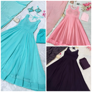 ชุดยาว anarkali สีชมพูน้ำหนักเบาพร้อมกางเกงและ dupatta กับผ้า Georgette และขอบงานลูกไม้กระจก - Product Image 5