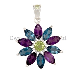 Supplier of Amethyst, London Blue Topaz and Peridot Gemstone Flower Design Silver Pendant Manufacturer of Fine Silver Jewelry - Product Image 1