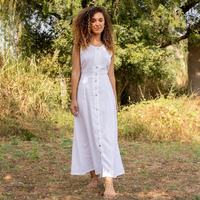 Kolsuz keten Maxi elbise organik Cinched bel yaz elbisesi cepler ile hafif rahat uzun elbise
